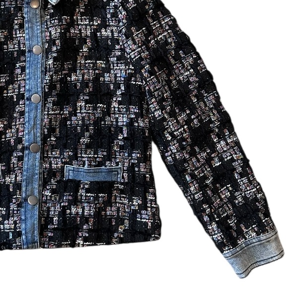 Ecru Black Mixed Media Tweed Houndstooth Denim Blazer Jacket Petite Small PS - Picture 8 of 13